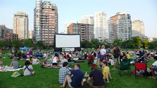 People enjoying an outdoor movie in Vancouver BC